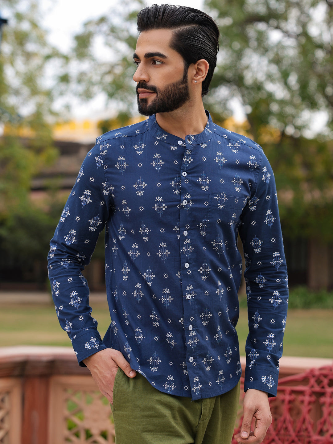 Ethnic Print Pure Cotton Navy Blue Casual Full sleeves Shirt