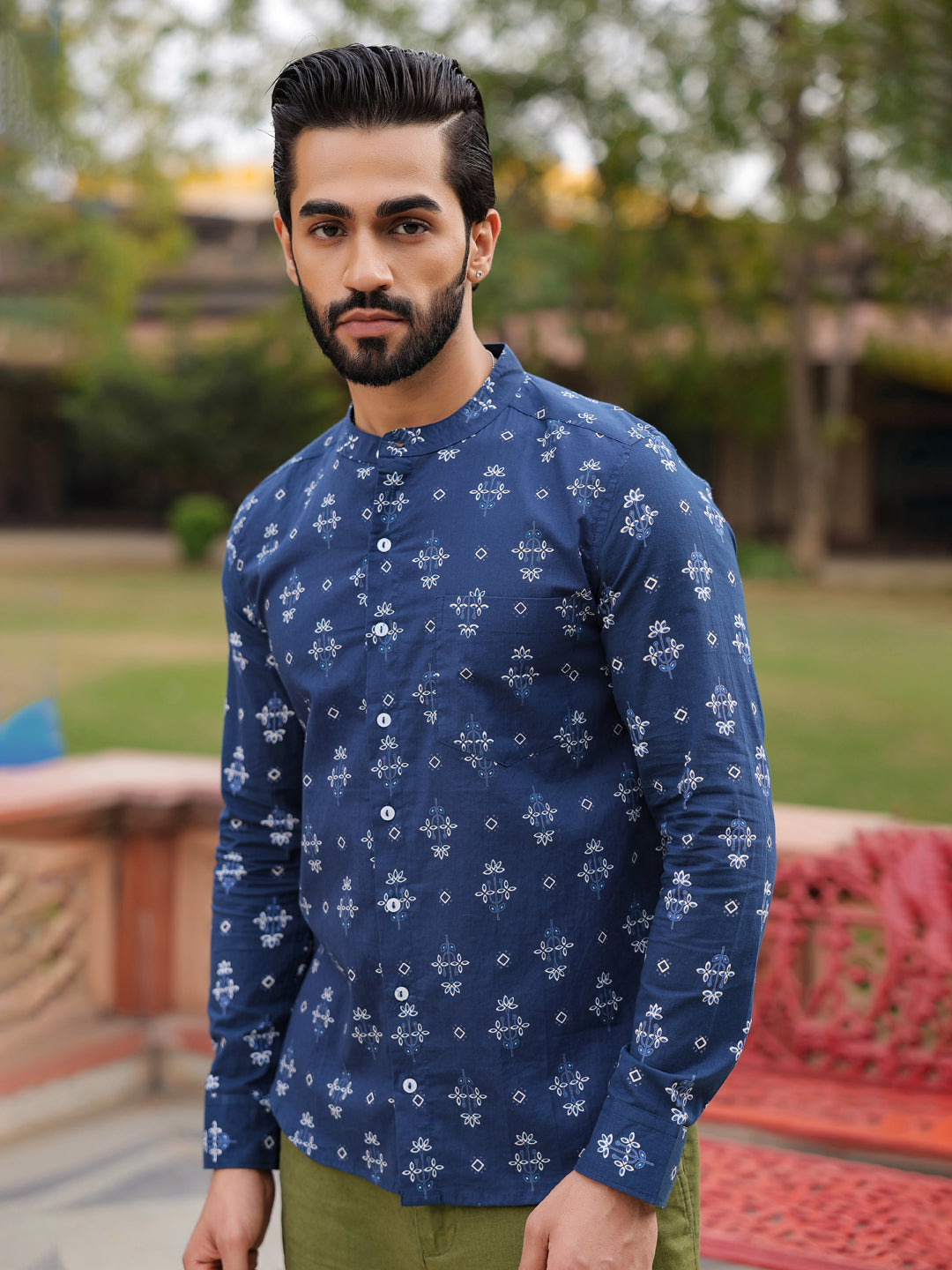 Ethnic Print Pure Cotton Navy Blue Casual Full sleeves Shirt
